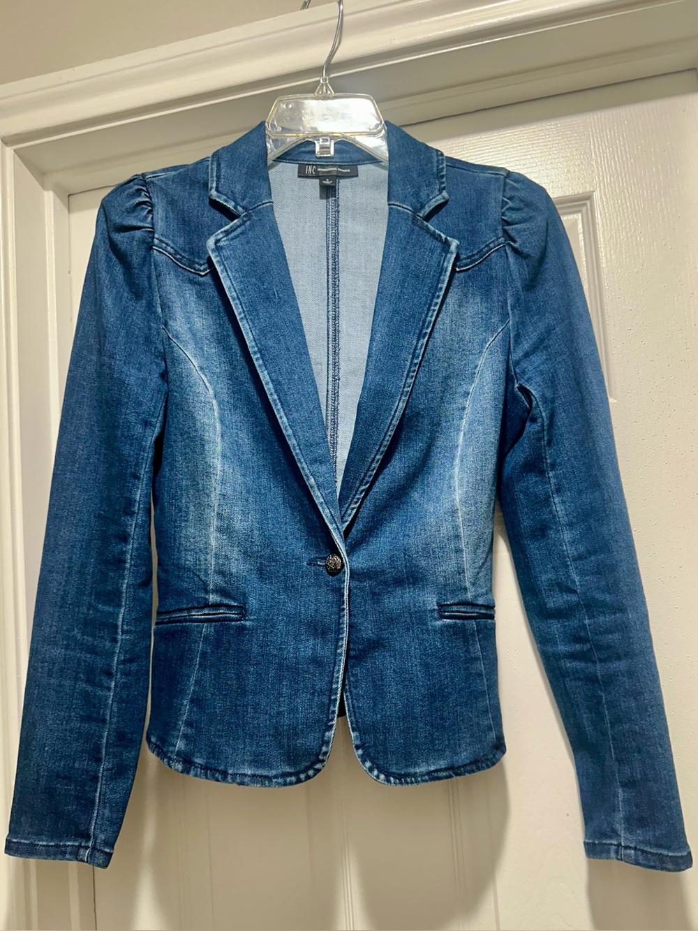 INC International Concepts Dark Blue Denim Fitted Blazer Jacket